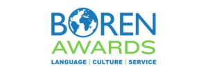 The Boren Awards logo. The word "BOREN" is in blue letters, with a globe icon in the middle of the "O". The word "AWARDS" is in green letters below "BOREN". The words "LANGUAGE | CULTURE | SERVICE" are in smaller, blue letters below "AWARDS".