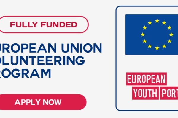 A white background with a blue box displaying the European Union flag. The text "FULLY FUNDED" is in a blue box above the text "EUROPEAN UNION VOLUNTEERING PROGRAM" in black. Below this, a red button with the text "APPLY NOW" is displayed. To the right of the flag, there is a smaller box with the text "EUROPEAN YOUTH PORTAL" in black.