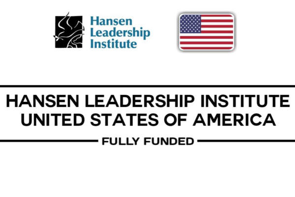 A white background with the Hansen Leadership Institute logo on the left, an American flag icon in the top right corner, and the text "HANSEN LEADERSHIP INSTITUTE UNITED STATES OF AMERICA FULLY FUNDED" in a black box in the center.