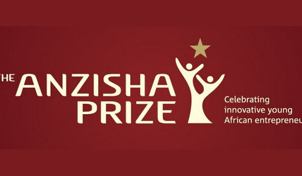 The Anzisha Prize logo on a red background. The logo features the word "ANZISHA PRIZE" in white text, with a stylized image of two people reaching up towards a star. Below the logo, the text "Celebrating innovative young African entrepreneurs" is displayed.