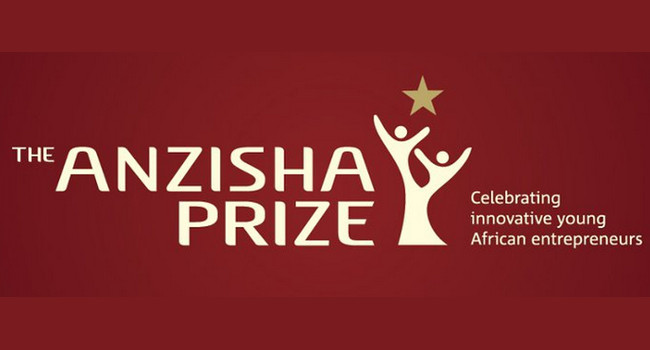 The Anzisha Prize logo on a red background. The logo features the word "ANZISHA PRIZE" in white text, with a stylized image of two people reaching up towards a star. Below the logo, the text "Celebrating innovative young African entrepreneurs" is displayed.