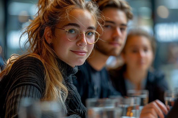 A woman with glasses, smiling softly, exuding confidence and intelligence in a bright, inviting setting.