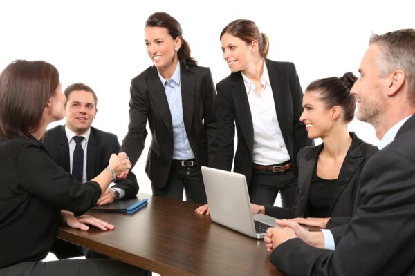 A diverse group of business professionals engaged in discussion around a conference table in a modern office setting.