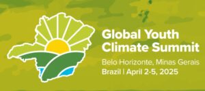 Graphic for the Global Youth Climate Summit, featuring a green and yellow map of Minas Gerais with a sun rising over hills. Event details: Belo Horizonte, Minas Gerais, Brazil, April 2-5, 2025.